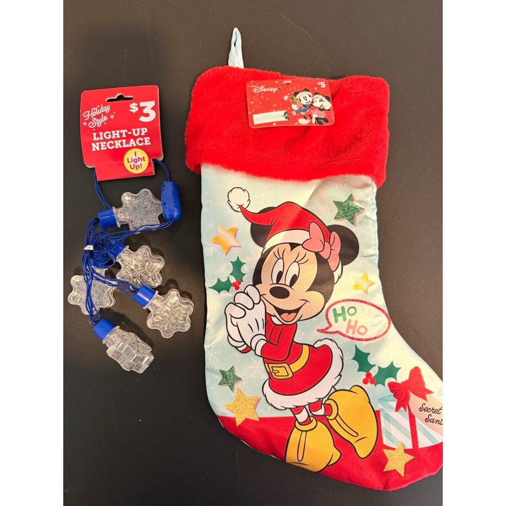 Disney Minnie Mouse Christmas Holiday Stocking with Light-Up Necklace
